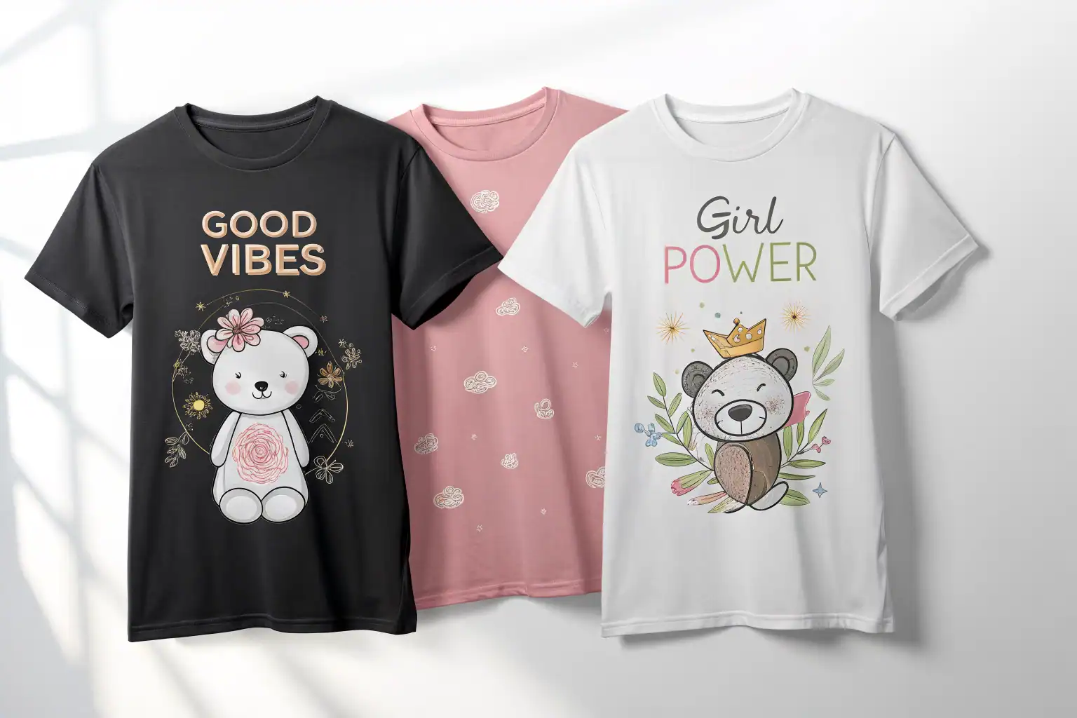 Premium product mockup showing multiple customised T-shirts for kids and adults in a stylish arrangement.